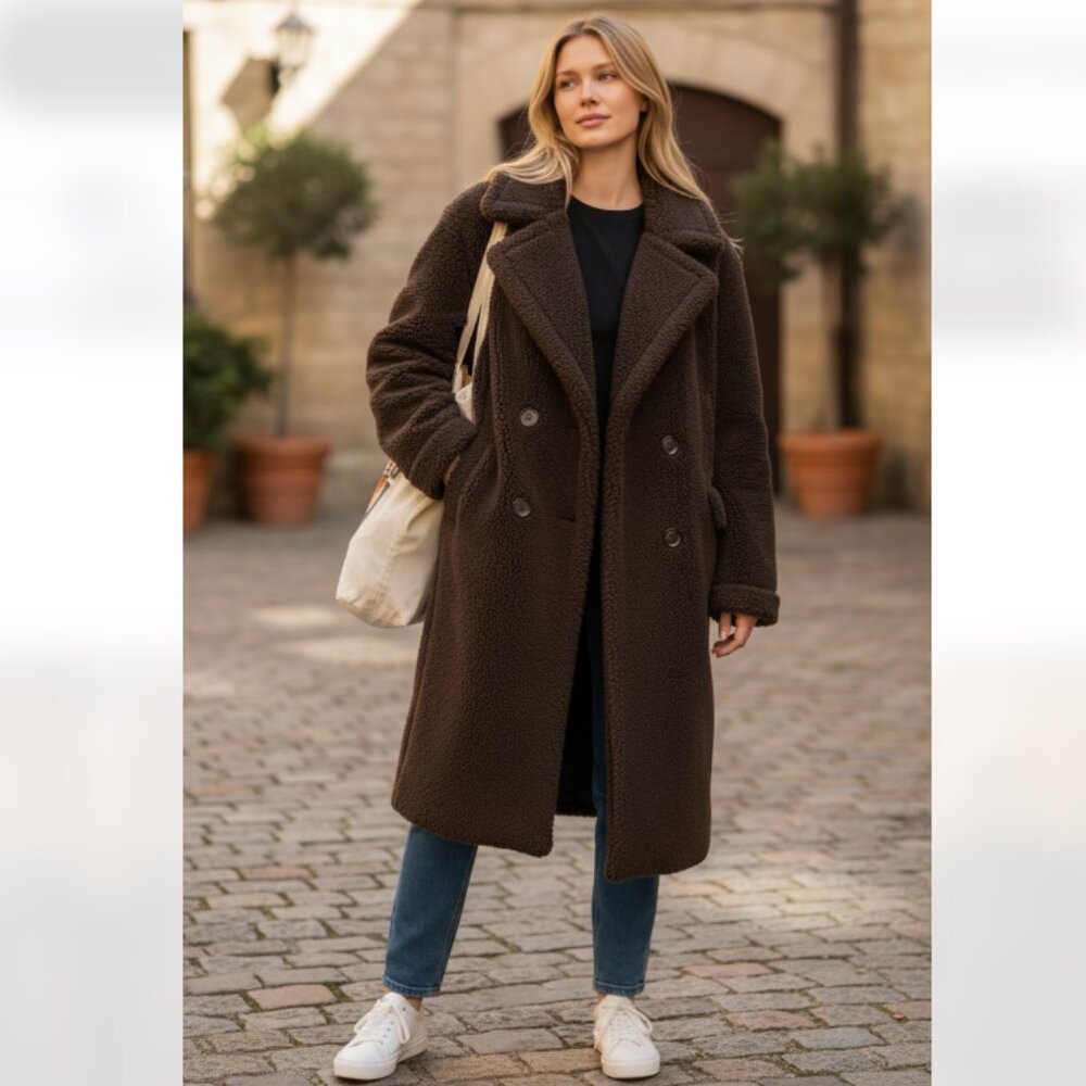 NWT Stoosh Sherpa Fabric  Teddy Double-Breasted Long Coat   IN BRACKEN